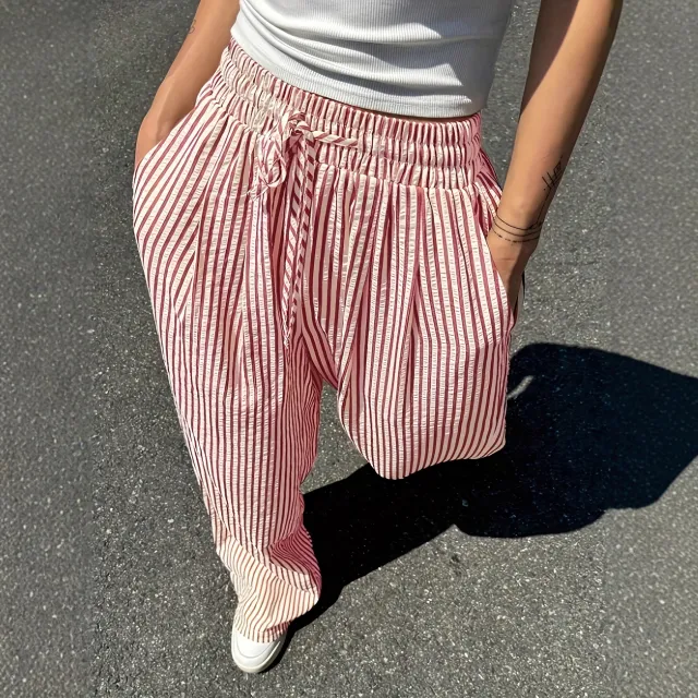 Women's Striped Casual Loose Everyday Commuter Pants With Pockets And Drawstrings For Spring Summer And Autumn Peach - Shop at LoveMi