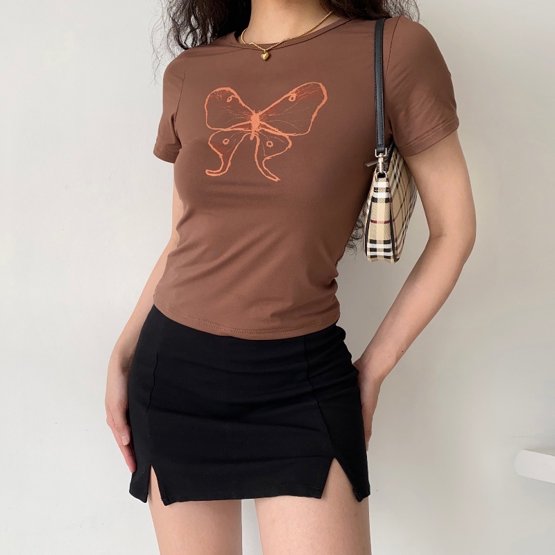 American Retro Butterfly Print Brown Short Sleeves T-shirt Women's Summer Slim Fit