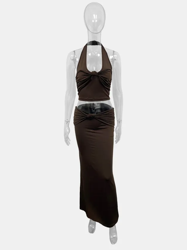Solid color Sleeveless Tank Top And Pleated Midi Skirt Set Tan - Shop at LoveMi
