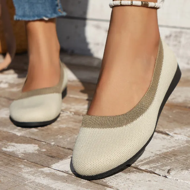 Knit Breathable Low cut Pumps Flat Round Toe Slip on Flying Woven Lazy Work Shoes Beige - Shop at LoveMi