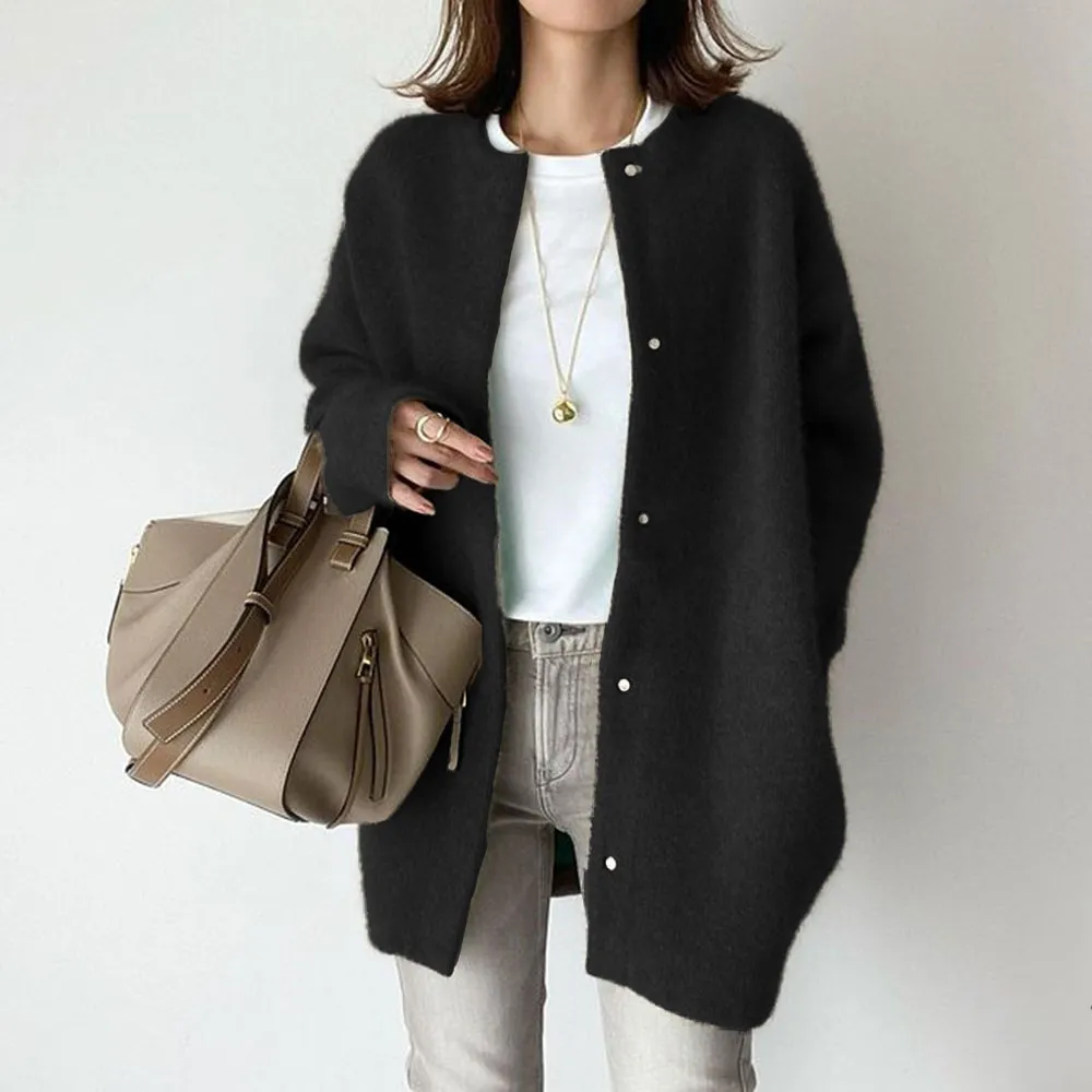 Loose Round Neck Single Breasted Cardigan Fashion Solid Color Coat Jacket Autumn And Winter Women's Clothing - Black Knitted Material