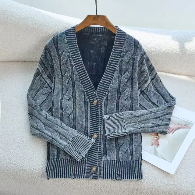 European And American Old Knitted Coat Women's Loose V neck Dark Gray - Shop at LoveMi