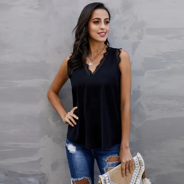 Bottoming Vest T shirt Women's Summer European And American V neck Lace Sleeveless Loose Top 253064 Black - Shop at LoveMi