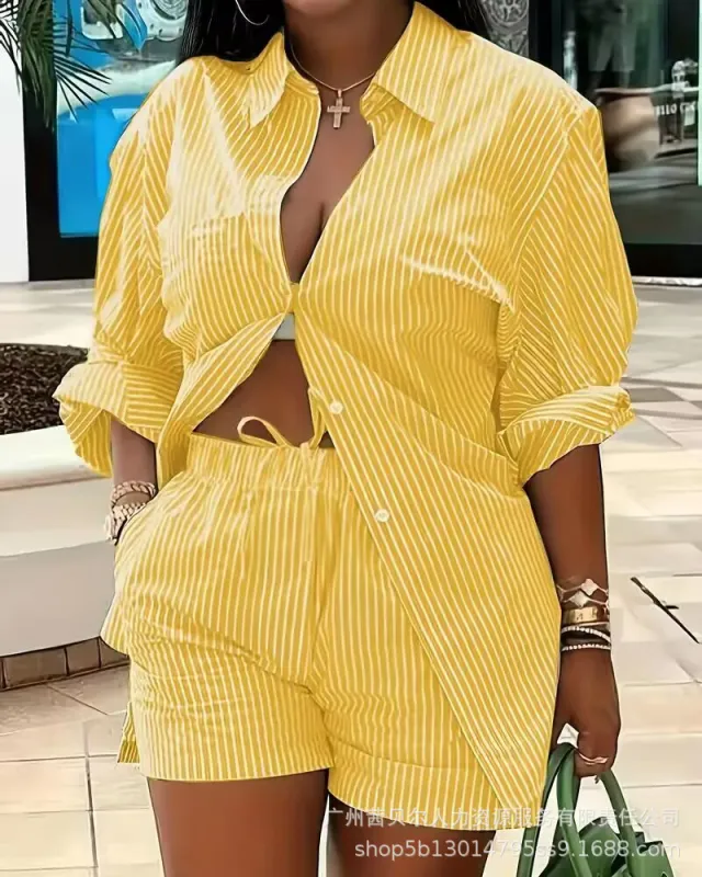 Striped Commute Leisure Top And Shorts Set Yellow - Shop at LoveMi