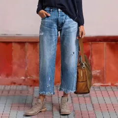 Women's Ripped Straight Stretch-free Jeans - Navy Blue - View 1