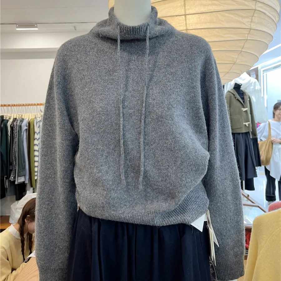 Hooded Loose Slimming And Warm Knitted Sweater - Grey