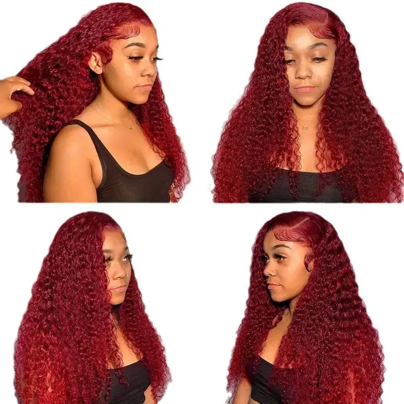 Fashion Wine Red Wig Front Lace Small Roll Wound Tube Afro Synthetic Wigs