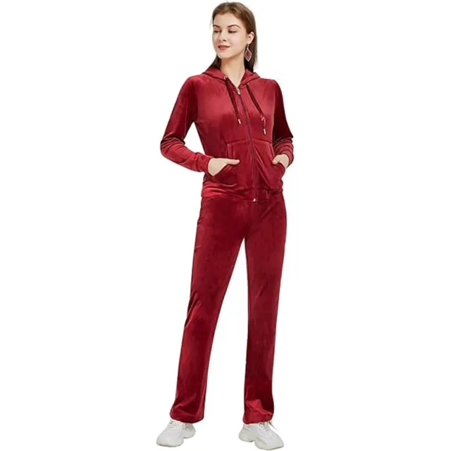 Gold Velvet Zipper Solid Color Hooded Sweater Wide Leg Pants Two piece Set Wine - Shop at LoveMi