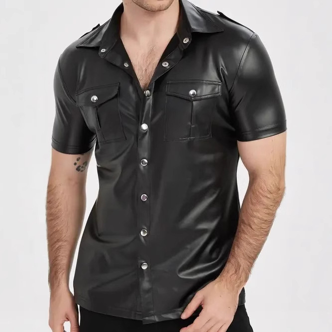 European And American-style Summer Casual Mens Patent Leather Tight-fitting Short-sleeve Top