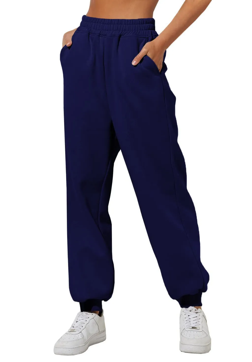 Women's High Waist Loose Track Pants Comfortable Jogger Casual Sweatshirt Pant Belt Pocket - Navy