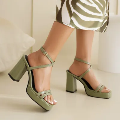 Summer Square Toe Thin Strap Buckle Wide Strap High Heels