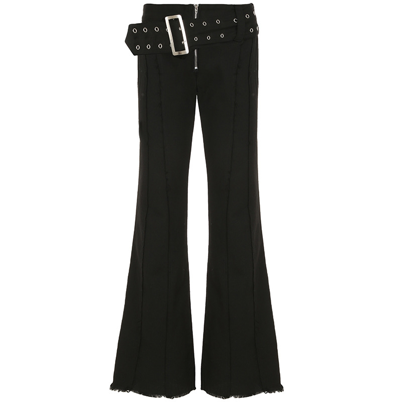 New Metal Wide Belt Frayed Low Waist Skinny Jeans For Women Black - Shop at LoveMi