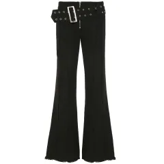 New Metal Wide Belt Frayed Low Waist Skinny Jeans For Women - Black - View 1