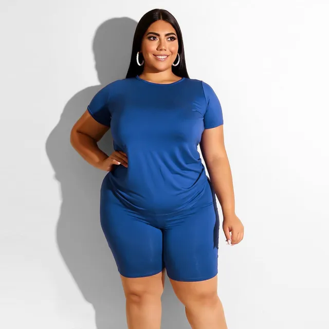 Plus Size Women's Casual Solid Color Round Neck T shirt Shorts Set Blue - Shop at LoveMi