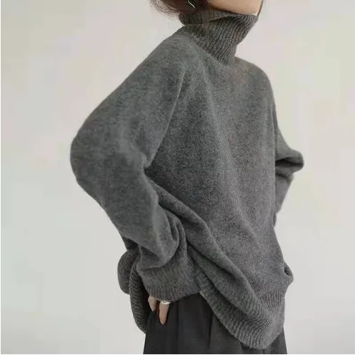 High neck Women's Loose Versatile Knit Pullover Sweater Dark Gray - Shop at LoveMi