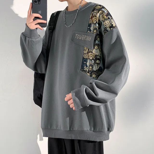 American Retro Bear Embroidery Round Neck Sweater Gray - Shop at LoveMi