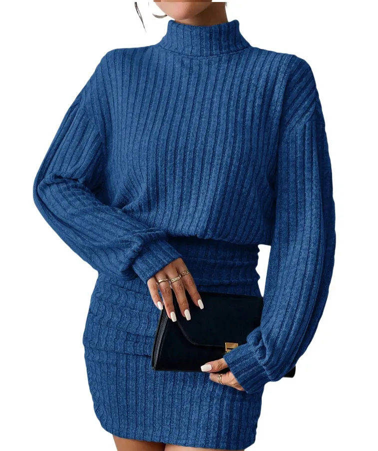 Hug-hem Long-sleeve Turtleneck Skirt Rib-knit Dress - Blue