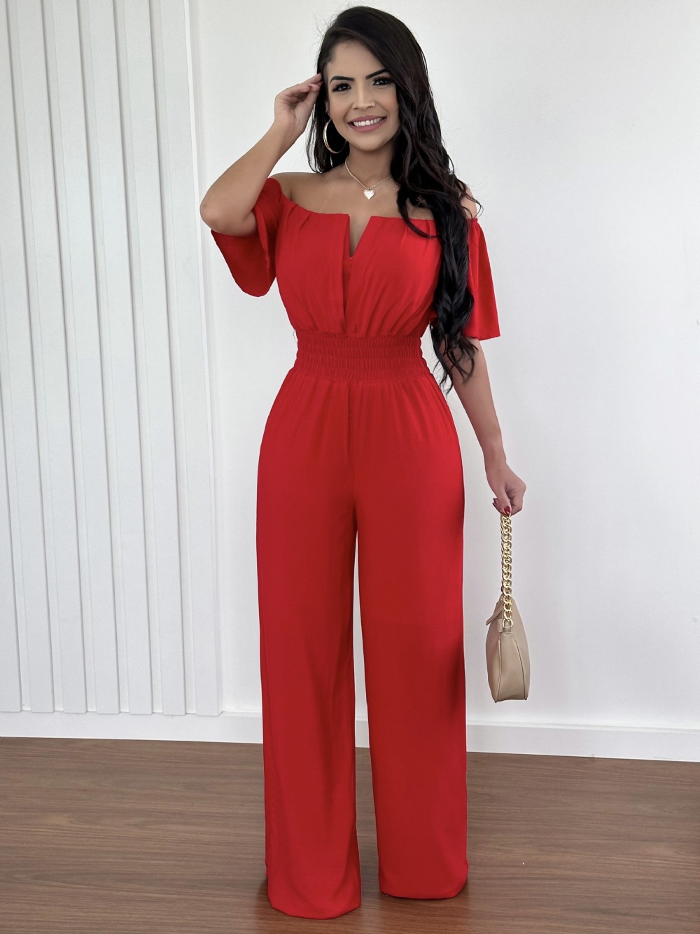 Women's Off-neck Waist Trimming Loose Straight Jumpsuit - Image 25