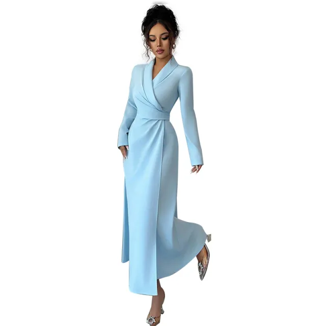 Temperament Tie dye Dress Foreign Trade Long sleeved Cardigan A line Skirt Women Light Blue - Shop at LoveMi