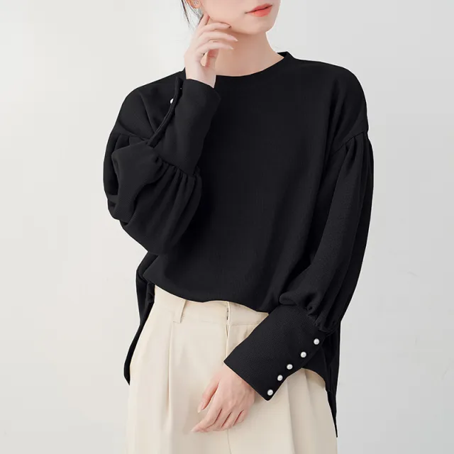 Women's Lantern Sleeve Sweater Pearl Buckle Solid Color Black - Shop at LoveMi