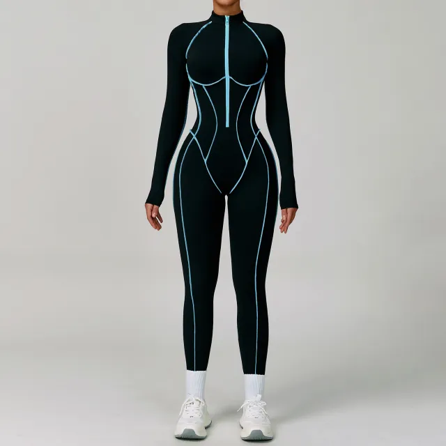 Contrast Color One piece Quick drying Yoga Clothes Back Tight Workout Clothes High Strength Sports Running Jumpsuit 9317 Blue Line Black - Shop at LoveMi