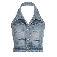 Washed Wear White Personality Clinch Halter Denim Vest - Blue - View 1