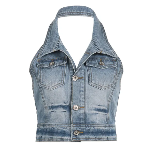 Washed Wear White Personality Clinch Halter Denim Vest Blue - Shop at LoveMi