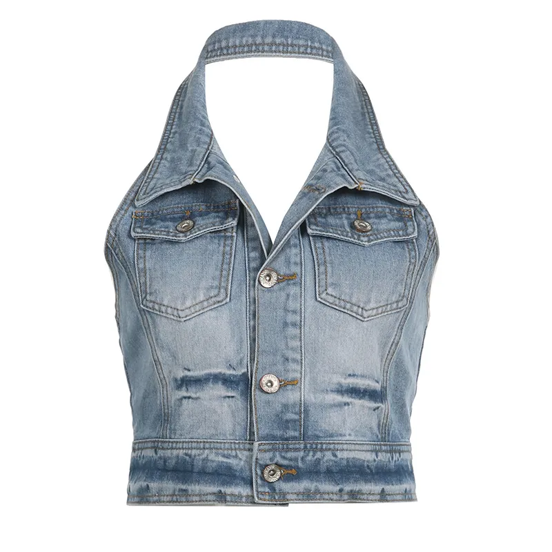 Washed Wear White Personality Clinch Halter Denim Vest - Blue