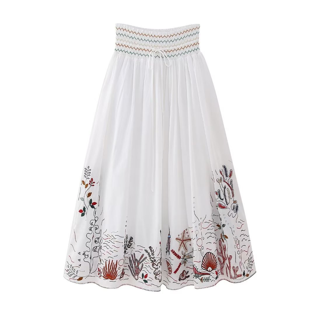 V neck Embroidery Breasted Shirt High Waist Embroidery Skirt Suit Skirt M - Shop at LoveMi