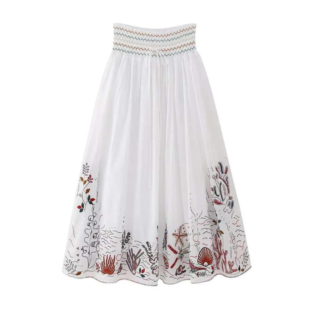 V-neck Embroidery Breasted Shirt High Waist Embroidery Skirt Suit - Skirt