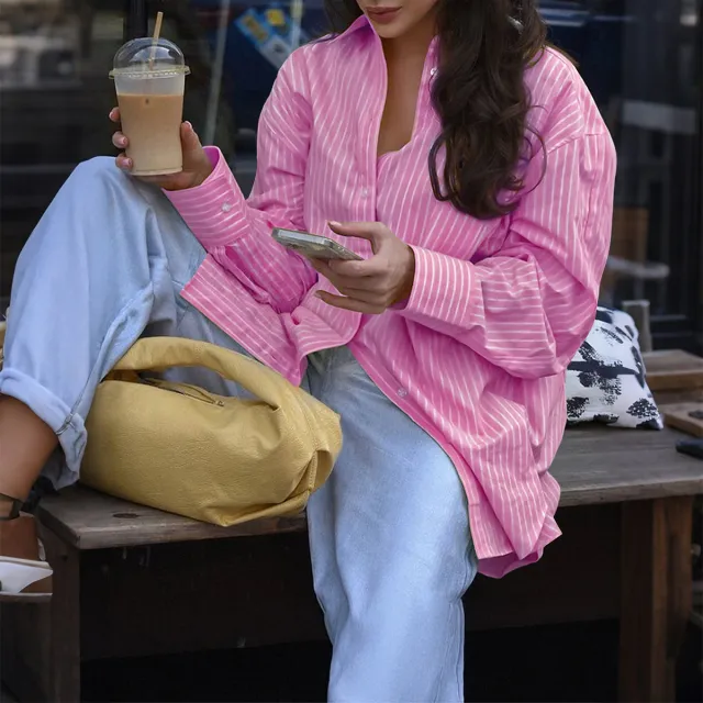 New Women's Casual Striped Long sleeved Shirt Pink - Shop at LoveMi