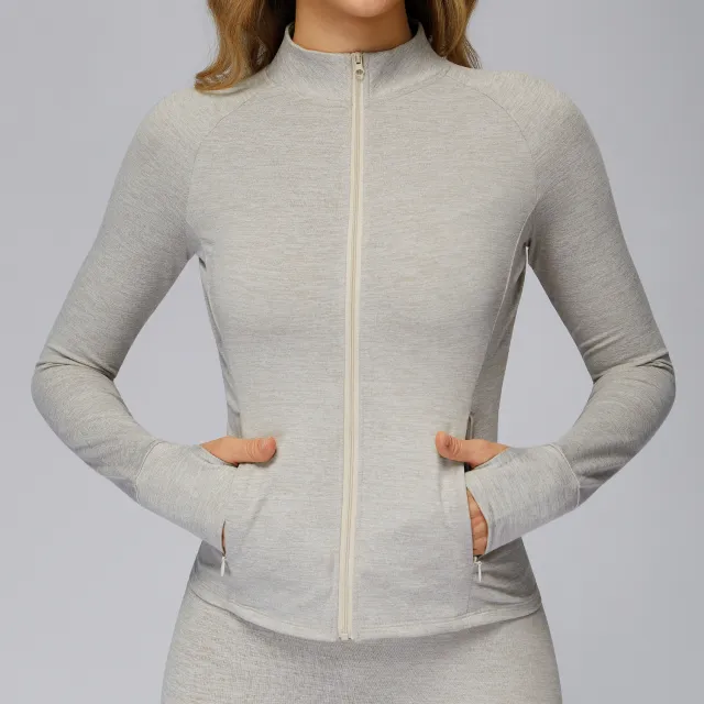 Brushed Long Sleeve Coat Zipper Pocket Quick drying Tight Sports Jacket Brown - Shop at LoveMi