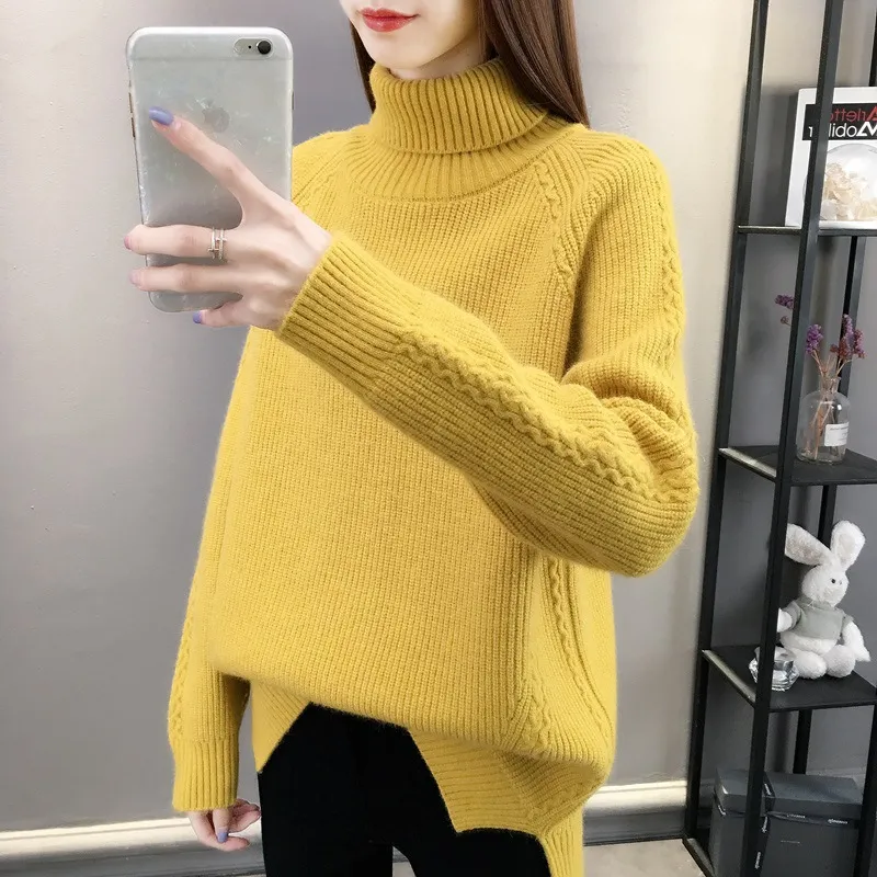 Hemp Pattern High Neck Thickened Keep Warm Inner Match Sweater Knitted Bottoming Shirt Long Sleeve - Yellow