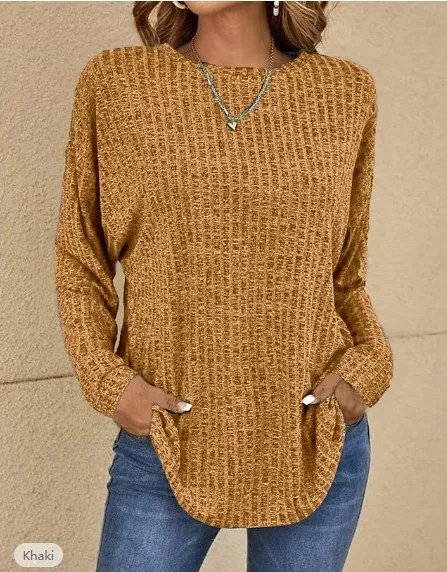 European And American Autumn Knitted Sweater Round Neck Sunken Stripe Top Long Sleeve Loose T shirt Skin Color - Shop at LoveMi
