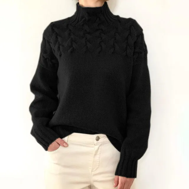 Fashion Cable Braided Detail Turtleneck Long Sleeve Sweater Women Black - Shop at LoveMi