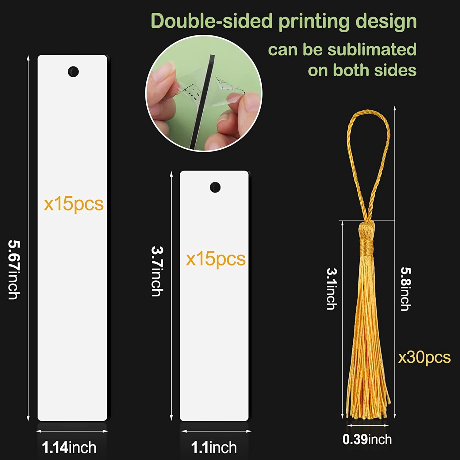Blank sublimation bookmark set showing 30 white MDF pieces with colorful tassels ready for DIY customization