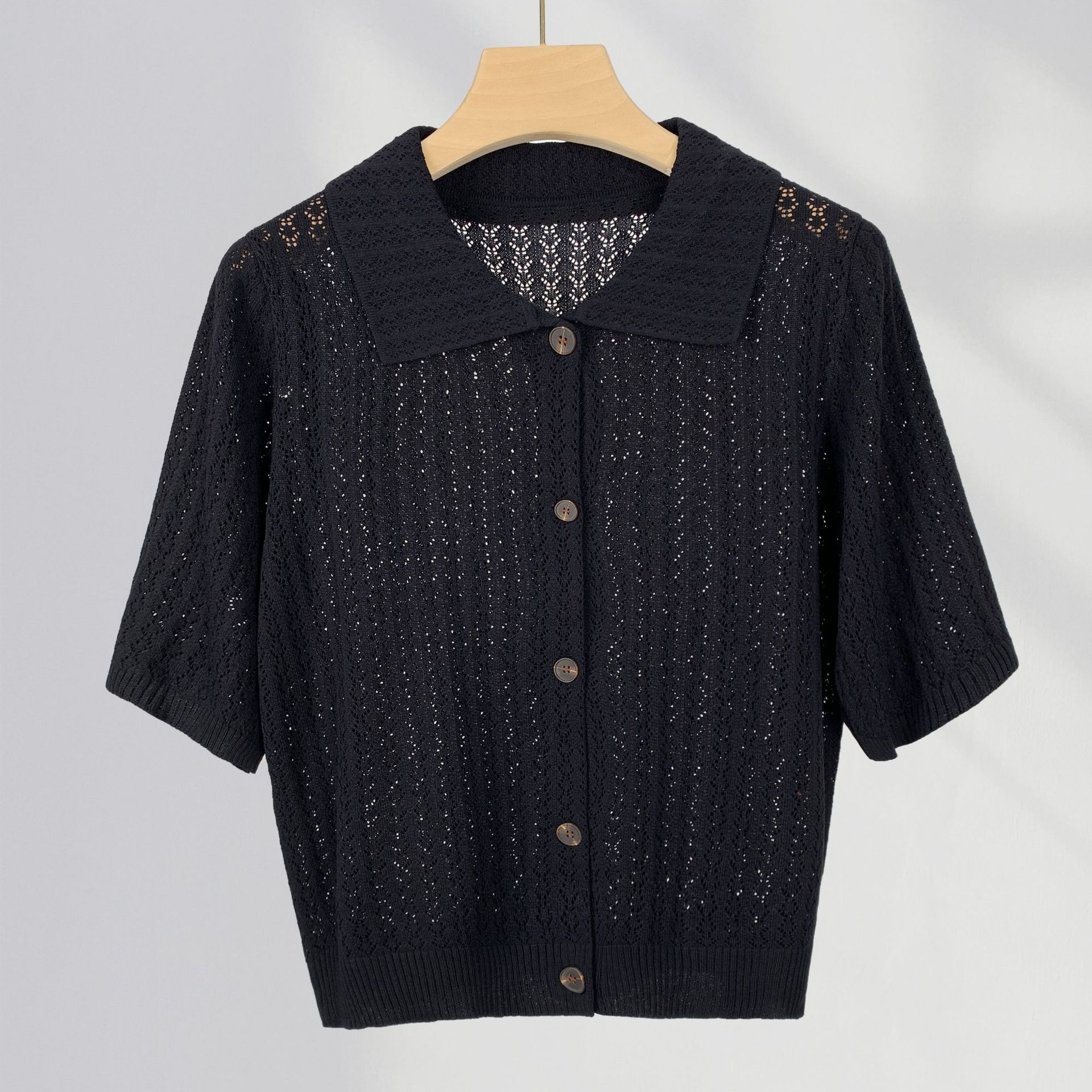 Textured French POLO Lapel Short Sleeve Sweater