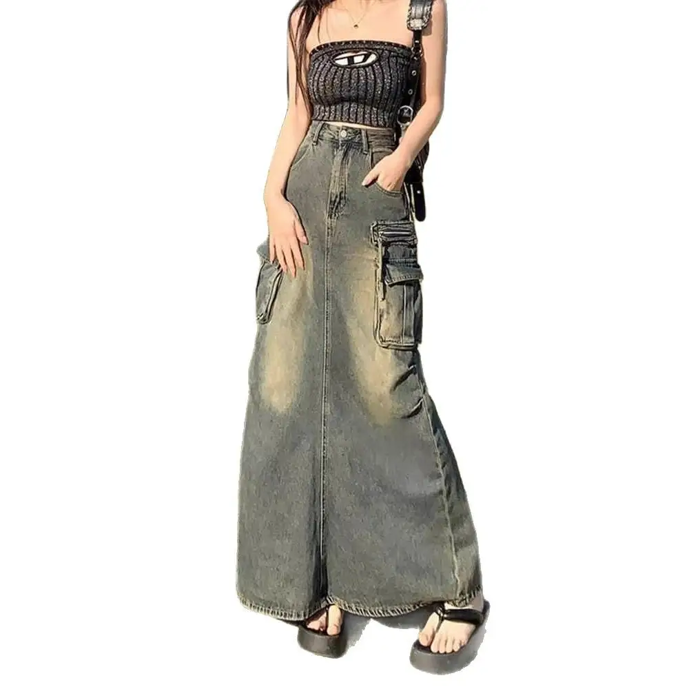 Womens Retro Slit Denim Maxi Skirt