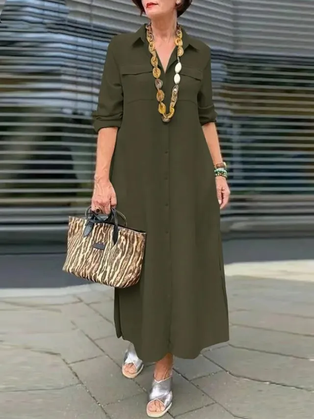 Elegant Solid Color Long Sleeve Button Lapel Dress Army Green - Shop at LoveMi