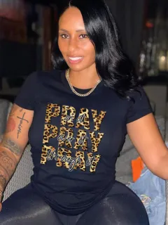 Leopard Print Blessing Letter Print Casual Short Sleeve T-shirt - Black - View 1