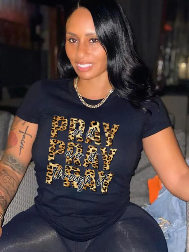 Leopard Print Blessing Letter Print Casual Short Sleeve T shirt Black - Shop at LoveMi