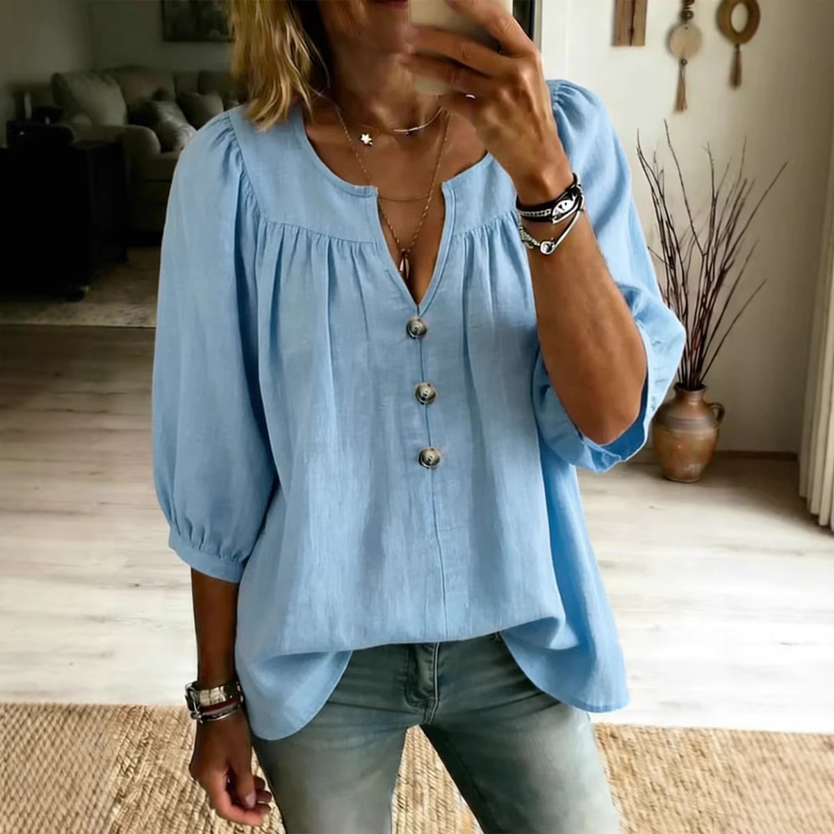 Three-quarter-sleeve Buttoned Casual Loose-fit T-shirt