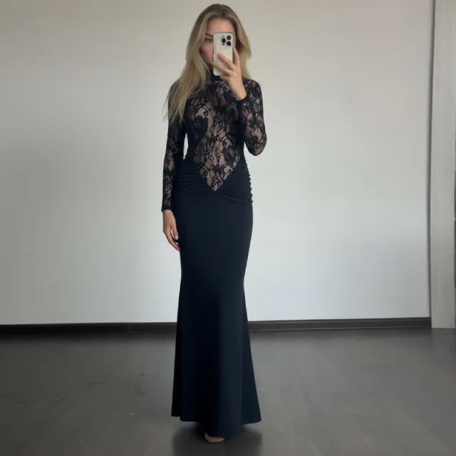 Women's Solid Color High Neck Hollow Out Sheer Lace Bodycon Long Sleeve Dress Black - Shop at LoveMi