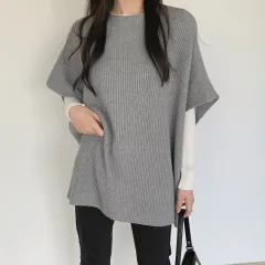 Elegant Lightly Mature Loose Slimming Cape Cloak Sweater - Grey - View 1