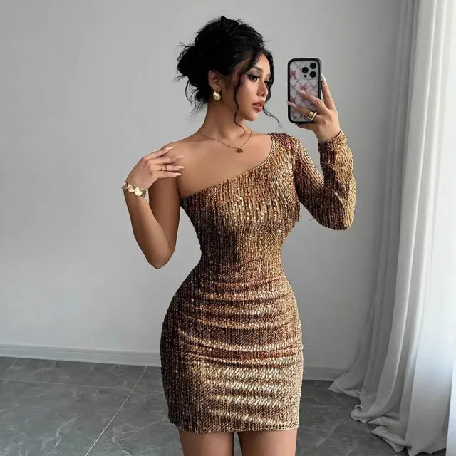 Crossbody Long Sleeve Narrow Sexy Dress Gold - Shop at LoveMi
