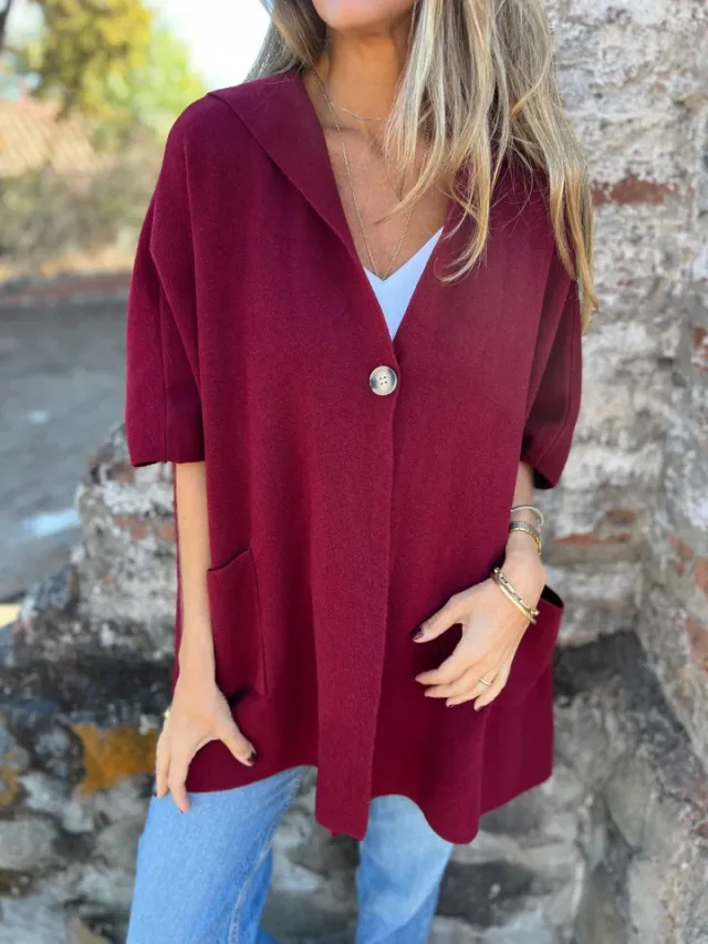 Women's Lapel Single Buckle One Piece Cape Coat Wine - Shop at LoveMi