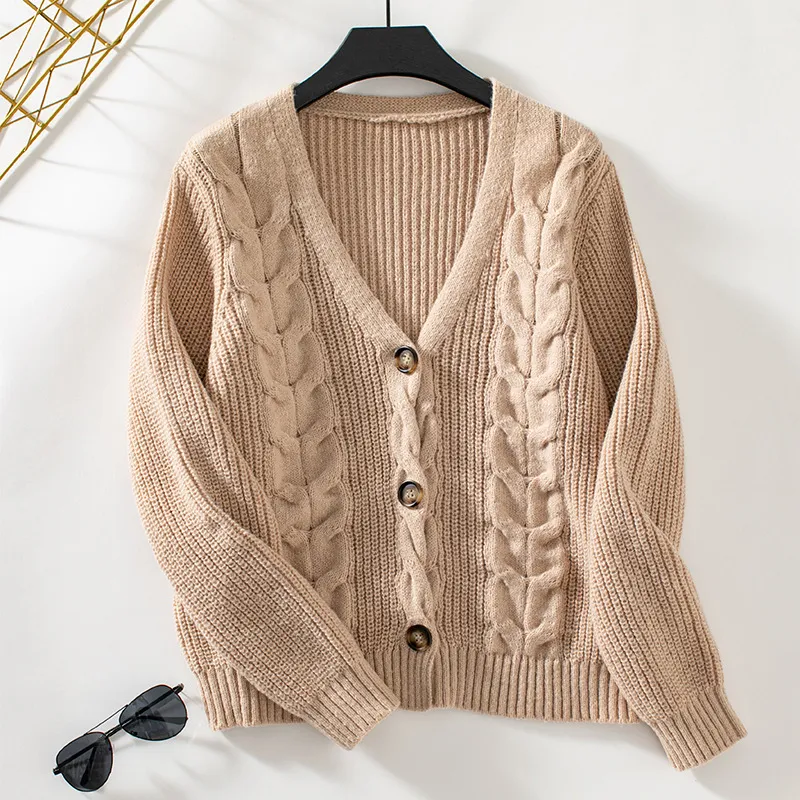 Vintage Single-breasted Sweater Women's Coat - Khaki