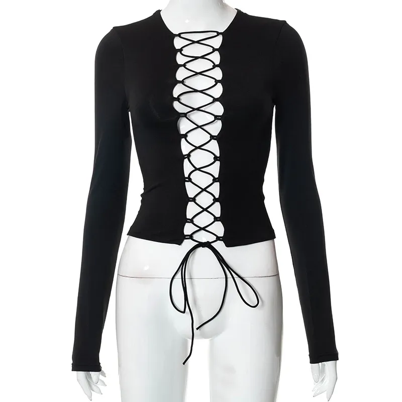 Hollow Out Strap Slim-fit Crop-top - Black