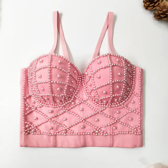 Women's Fashionable Elegant Pearl Spaghetti strap Camisole Top With Chest Pad Pink - Shop at LoveMi