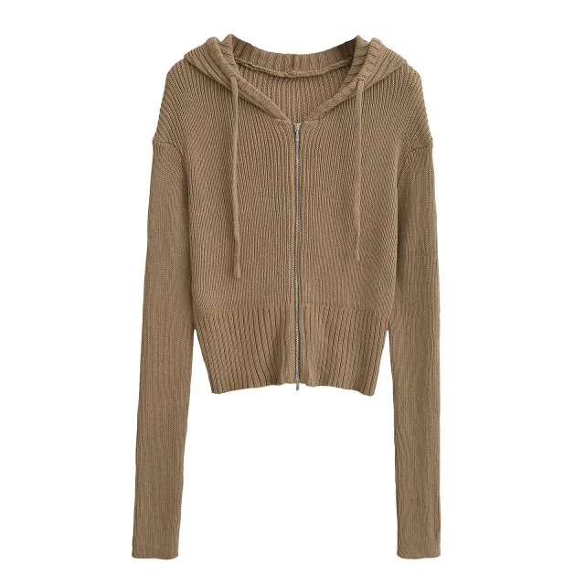Women's American style Hooded Zipper Knitted Cardigan Early Autumn New Short Khaki - Shop at LoveMi